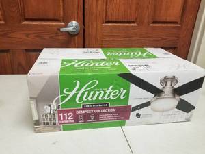 44 Ceiling Fan Hunter Dempsey Collection Designer Series Brushed Nickel with 4 Oak blades and Cased White glass (new in box)