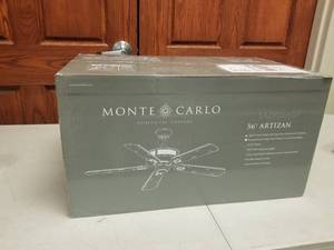 56 Ceiling Fan Monte Carlo Artizan Aged Pewter with 5 Light Grey Weathered Oak blades and  glass (new in box)