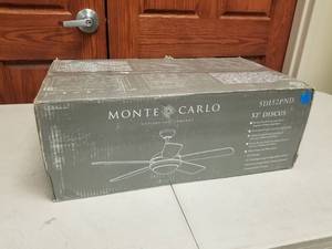 52 Ceiling Fan Monte Carlo Discus Polished Nickel with 5 SilverAmerican Walnut Dual blades and  glass (new in box)