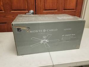 60 Ceiling Fan Monte Carlo Gran Prix Brushed Steel with 5 Mahogany blades and  glass (new in box)