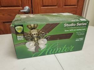 52 Ceiling Fan Hunter Studio Series Antique Brass with 5 WalnutMedium Oak blades and 4xFrosted Glass glass (new in box)
