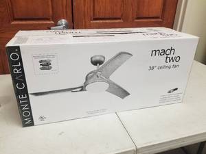 38 Ceiling Fan Monte Carlo Mach Two Titanium with 3 blades and  glass (new in box)