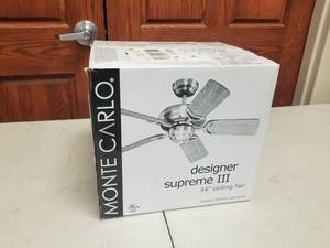 34 Ceiling Fan Monte Carlo Designer Supreme III Roman Bronze with 5 blades and  glass (new in box)