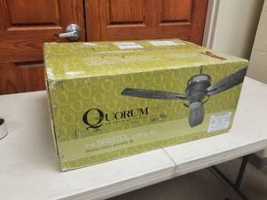 54 Ceiling Fan Quorum International the Bristol Oiled Bronze with 3 Walnut blades and Amber Scavo Up-Light glass (new in box)