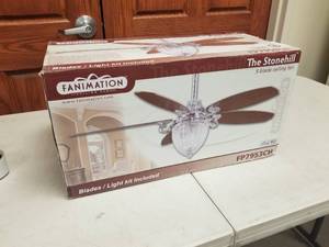 Ceiling Fan Fanimation The Stonehill Chrome with 5 WalnutCherry blades and  glass (new in box)