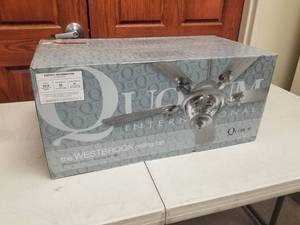 52 Ceiling Fan Quorum International the Westbrook Baltic Granite with 5 Walnut blades and Clear Hammered glass (new in box)