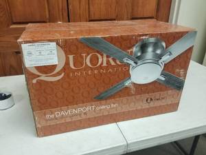 52 Ceiling Fan Quorum International the Davenport Antique SilverSatin Opal with 4 Antique SilverWalnut blades and  glass (new in box)