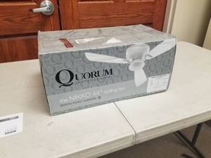 44 Ceiling Fan Quorum International the Nikko Chrome with 3 Dark Teak blades and Frost White glass (new in box)
