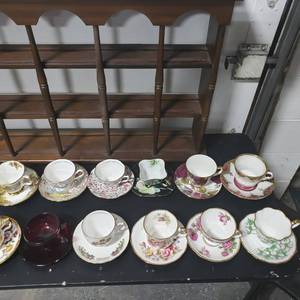 lot 1 image: English China Tea Cup & Saucer Collection With 18 Place Display Shelf