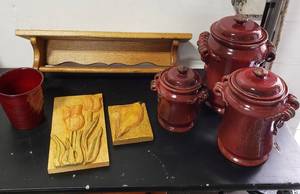 lot 3 image: Set Of 3-Wild Olive Pottery Canisters (10, 8, 6), Wood Carvings, Towel Bar Shelf 22