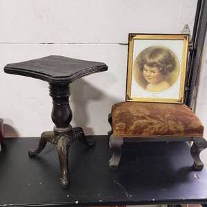 lot 4 image: Vintage Swivel Table (Cast Metal Base) 13x13x19, Vintage Foot Stool-17x12, Mischief By Ressie Pease Gutmann 14x12