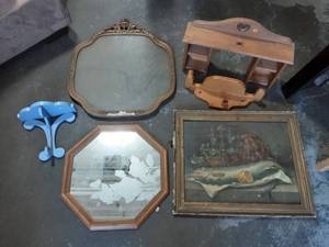 lot 13 image: Vintage Frames, Mirror, Wood Wall Shelves