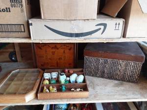 lot 15 image: Wood Wall ShelvesShadow Box With Salt & Peppers & Basket With Lid