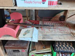 lot 29 image: 2-Old Canes, Vintage Long Handle Dust Pan, Red Misc. Decor
