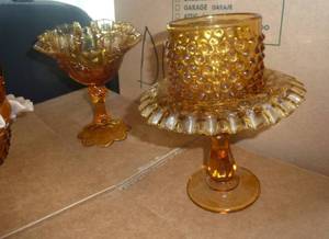 Fenton Amber Hobnail glassware collection including a complete fairy lamp and an iridescant bowl, all are free of any chips, cracks etc