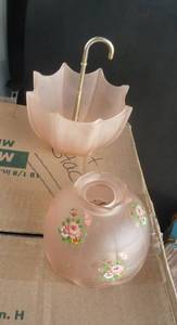 Vintage pale pink dresser set for perfume and lamps, even an umbrella