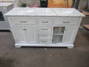 lot 5 image: Home Decorators Collection Windlowe 61 in. W x 22 in. D x 35 in. H Bath Vanity in White with Carrera Marble Vanity Top in White with White Basin 15101-VS61C-WT