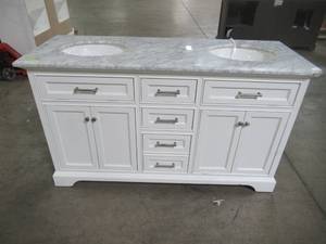 lot 18 image: Home Decorators Collection Windlowe 61 in. W x 22 in. D x 35 in. H Bath Vanity in White with Carrera Marble Vanity Top in White with White Basin 15101-VS61C-WT
