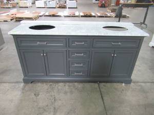 lot 19 image: Home Decorators Collection Windlowe 73 in. W x 22 in. D x 35 in. H Bath Vanity in Gray with Carrara Marble Vanity Top in White with White Sink 15101-VS73C-GR