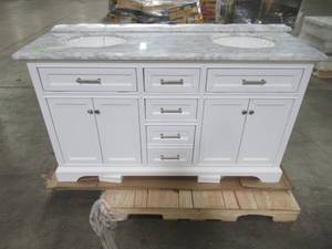 lot 22 image: Home Decorators Collection Windlowe 61 in. W x 22 in. D x 35 in. H Bath Vanity in White with Carrera Marble Vanity Top in White with White Basin 15101-VS61C-WT