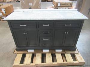 lot 38 image: Home Decorators Collection Windlowe 61 in. W x 22 in. D x 35 in. H Bath Vanity in Gray with Carrara Marble Vanity Top in White with White Sink 15101-VS61C-GR