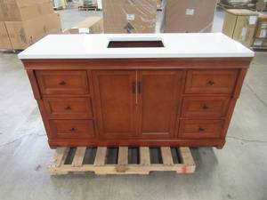 lot 40 image: Home Decorators Collection Naples 61 in. W x 22 in. D Vanity Cabinet in Warm Cinnamon with Marble Vanity Top in Snowstorm with White Basin NACA6022D-SST