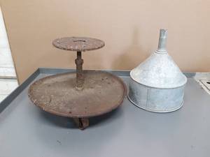 lot 20 image: Antique Rolling Stool and Galvanized Funnel
