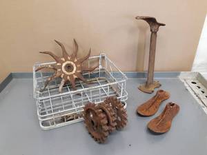 lot 26 image: Antique Shoe Cobblers Set, Cast Iron Parts and Basket