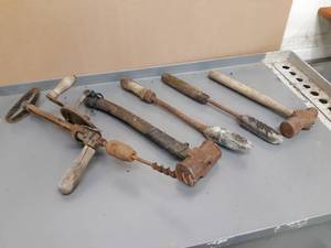 lot 35 image: Lot of 5 Wood Handle Antique Tools and Irons