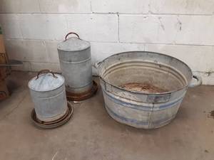 lot 43 image: Galvanized Tub with Two Galvanized Chicken Feeders