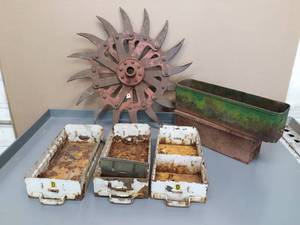 lot 55 image: Rotary Hoe Wheel, Vintage Parts Bins & Toolbox