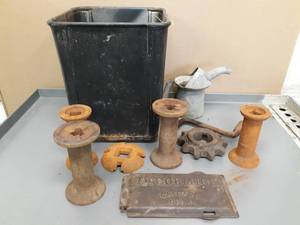 lot 59 image: Cast Iron McCormick Plate, Metal Wastebasket and Assorted Cast Iron Pieces