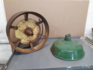 lot 75 image: Vintage Green Lightshade and Corn Planter Wheel