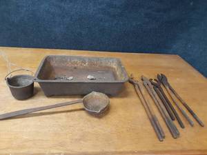 lot 150 image: Antique Blacksmith Tools, Lead Ladle, and Cast Iron Pan