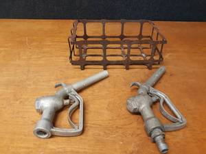 lot 154 image: (2) Antique Aluminum Gas Pump Handles and Metal Basket