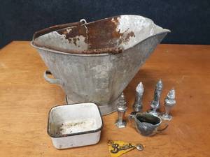lot 160 image: Galvanized Coal Bucket, Salt & Pepper Shakers and More