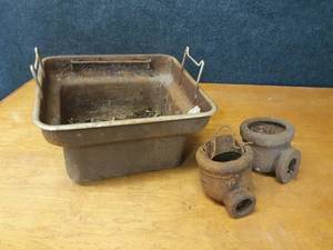 lot 167 image: (2) Cast Iron Well Pump Diverters and Steel Tote