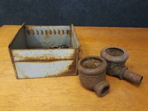 lot 170 image: (2) Cast Iron Well Pump Diverters and Steel Tote