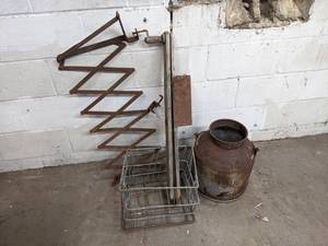 lot 60 image: Cream Can, Corn Planter, Milk Crate, and Luggage Rack