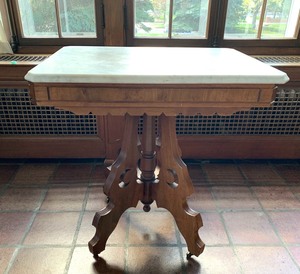 lot 1 image: Walnut Victorian Marble Top Table W Burl Trim