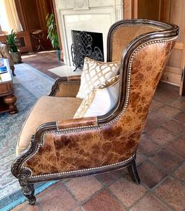 lot 2 image: Wingback Gold Velour and Leather Hobnail Chair
