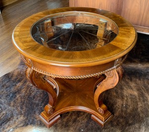lot 12 image: Round Wooden Table with Cut Glass Top