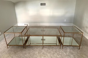 lot 52 image: Set of Three Brass Tone Mirrored Glass Tables