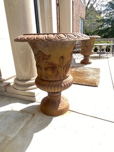 lot 16 image: Pair of Large Ornate Antique Cast Iron Urn Planters with Gorgeous Motif