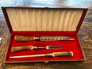 lot 37 image: 3pc Vintage Keen Kutter Meat Carving Set w Antler Handles