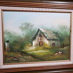 lot 65 image: Original Oil on Canvas Barn in the Undergrowth  Artist Signed