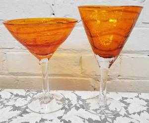 lot 113 image: Handblown Tangerine Striped Margarita and Wine Glasses