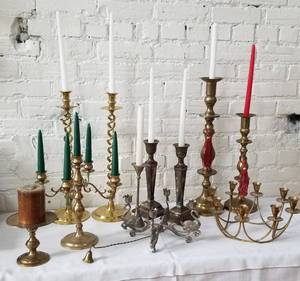 lot 95 image: Collection of Brass and Silver Candlesticks