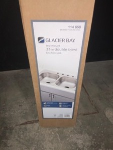 lot 12 image: GLACIER BAY DROP-IN STAINLESS STEEL 33 IN. 4-HOLE DOUBLE BOWL KITCHEN SINK. SEE PICTURES