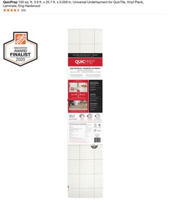 lot 31 image: QUICPREP 100 SQ. FT. 3.9 FT. X 25.7 FT. X 9.059 IN. UNIVERSAL UNDERLAYMENT OR QUICTILE, VINYL PLANK, LAMINATE, ENG HARDWOOD. SEE PICTURES